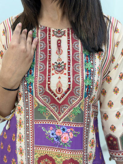 Purple Printed Cotton Suit Set with Embroidered Yoke & Matching Dupatta