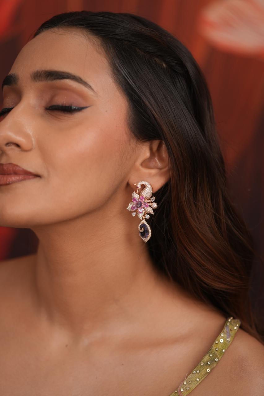 Floral Mirage Peacock Pastel Diamond Earrings | Enchanted Garden
