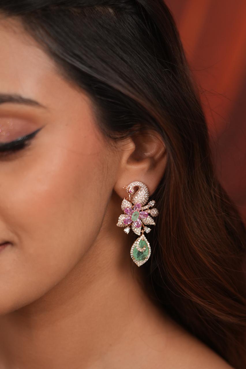 Floral Mirage Peacock Pastel Diamond Earrings | Enchanted Garden