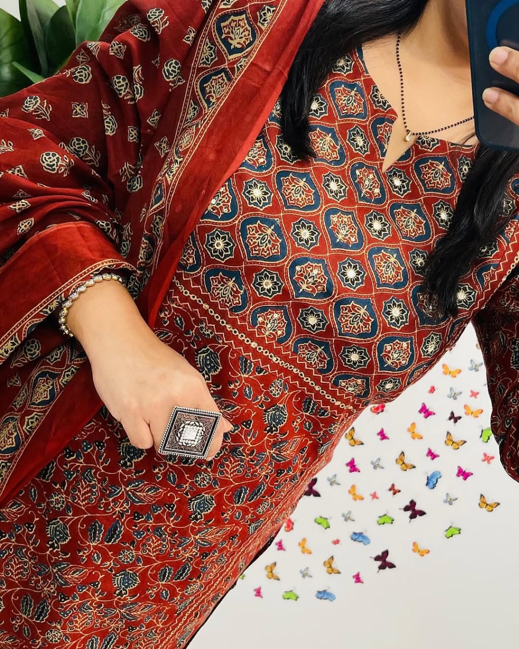 Rust Red Ethnic Printed Kurta Set with Dupatta