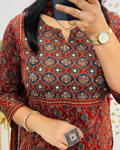 Rust Red Ethnic Printed Kurta Set with Dupatta
