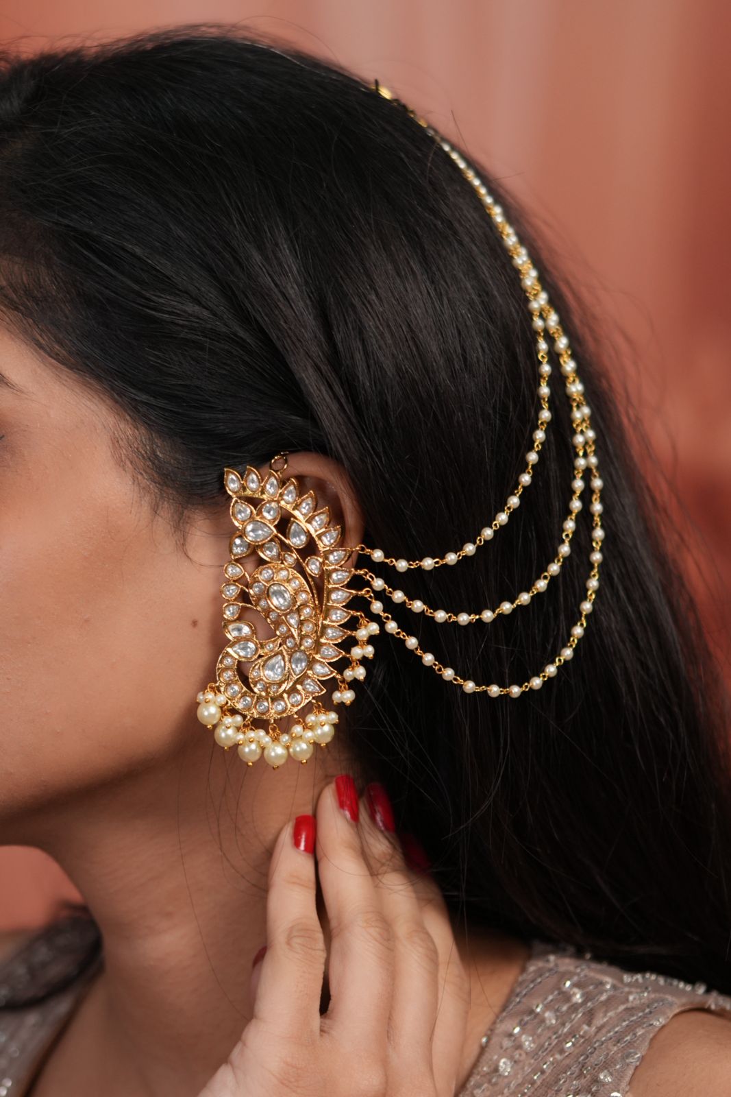 Peacock Polki Big Indian Earcuff|  Attached HairChain