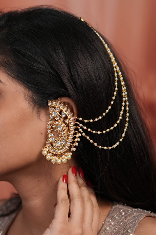 Peacock Polki Big Indian Earcuff|  Attached HairChain