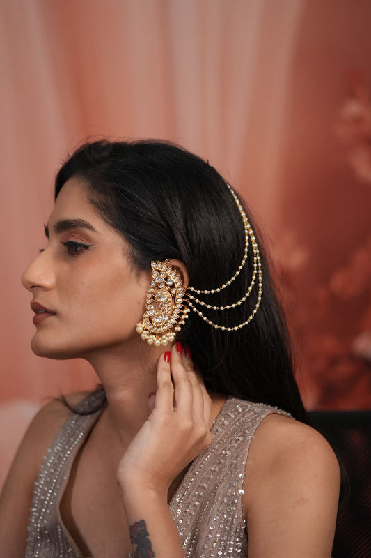 Peacock Polki Big Indian Earcuff|  Attached HairChain