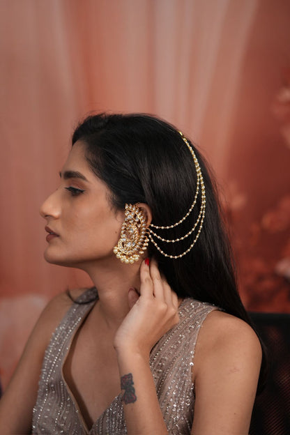 Peacock Polki Big Indian Earcuff|  Attached HairChain