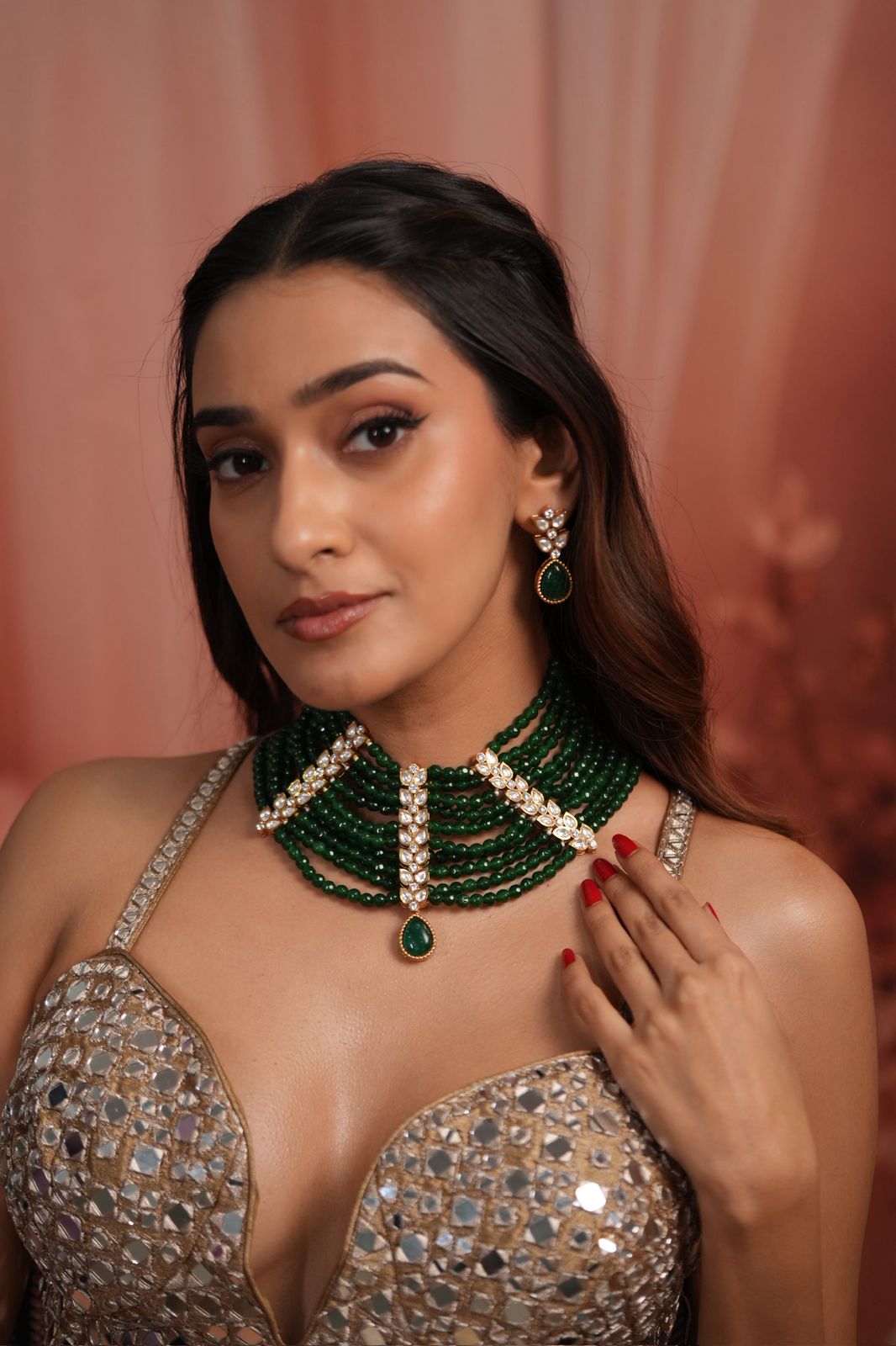 Jagmata Empress Emerlad Polki Queen style Necklace Set