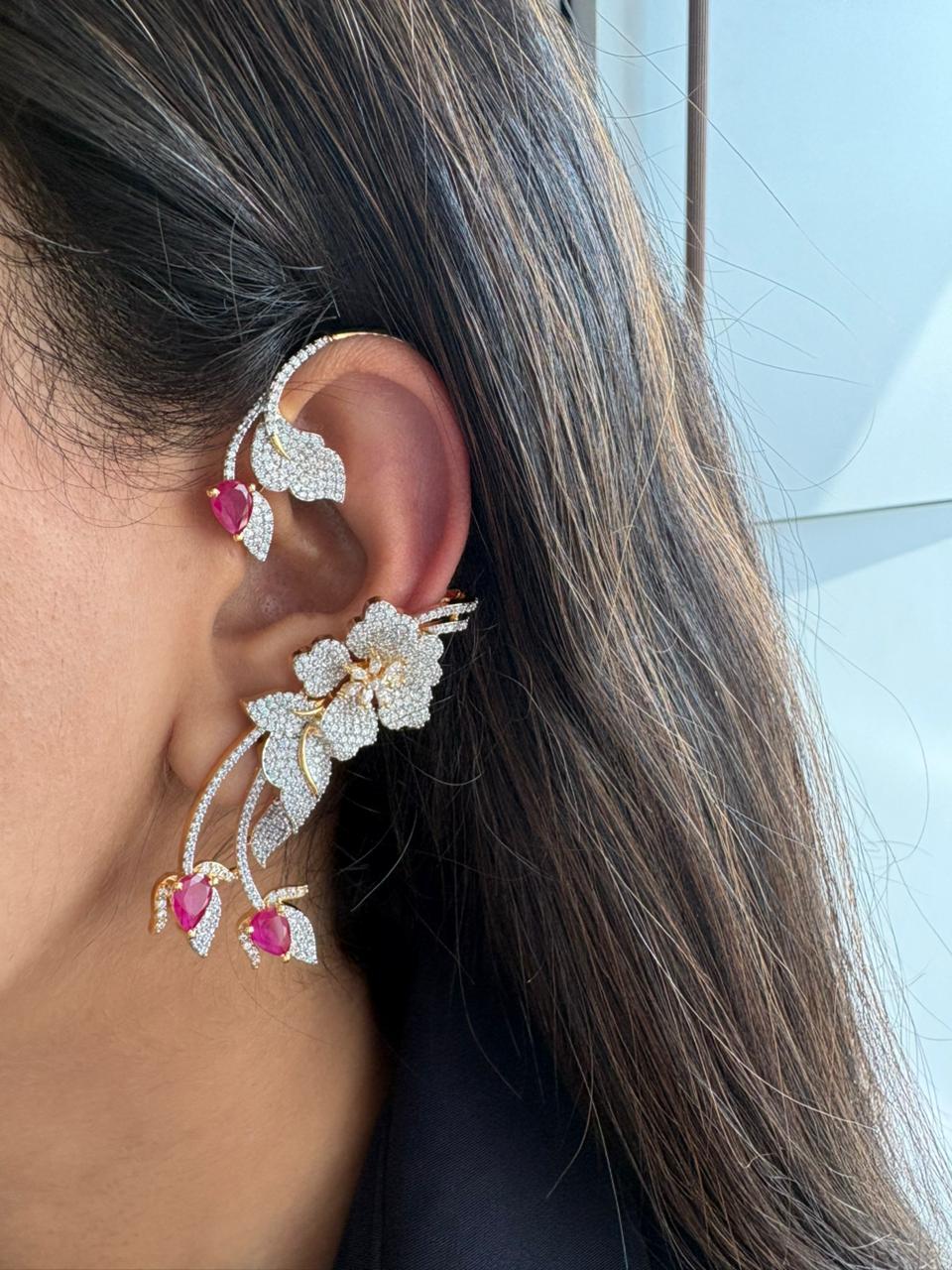 Starry Night Floral Diamond Designer Earcuff | Gold Polish
