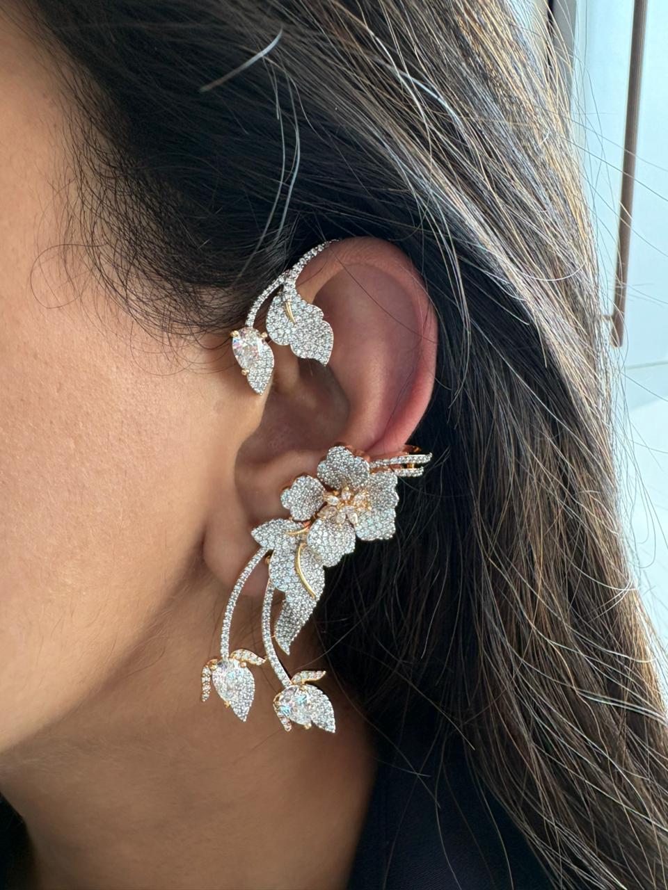 Starry Night Floral Diamond Designer Earcuff | Gold Polish