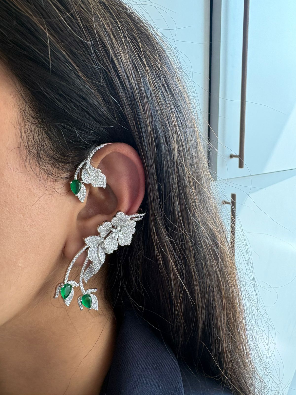 Starry Night Floral Diamond Designer Earcuff | Silver Polish