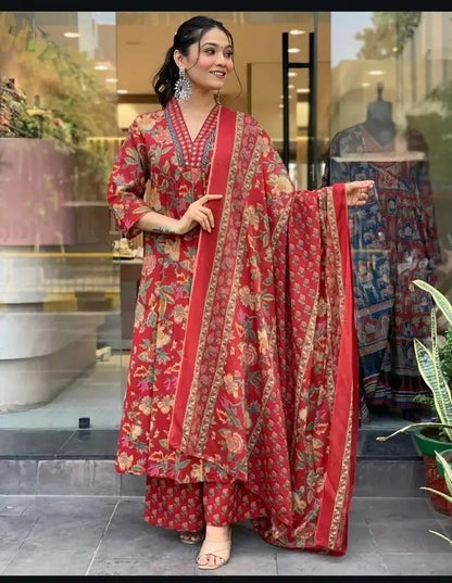 Women's Printed Cotton Anarkali Kurta & Pant With Dupatta Set