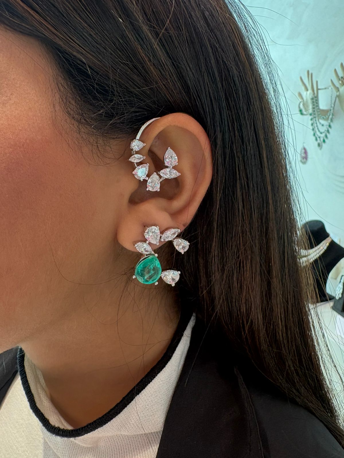 Emerald Cascade Diamond Climber / Earcuff
