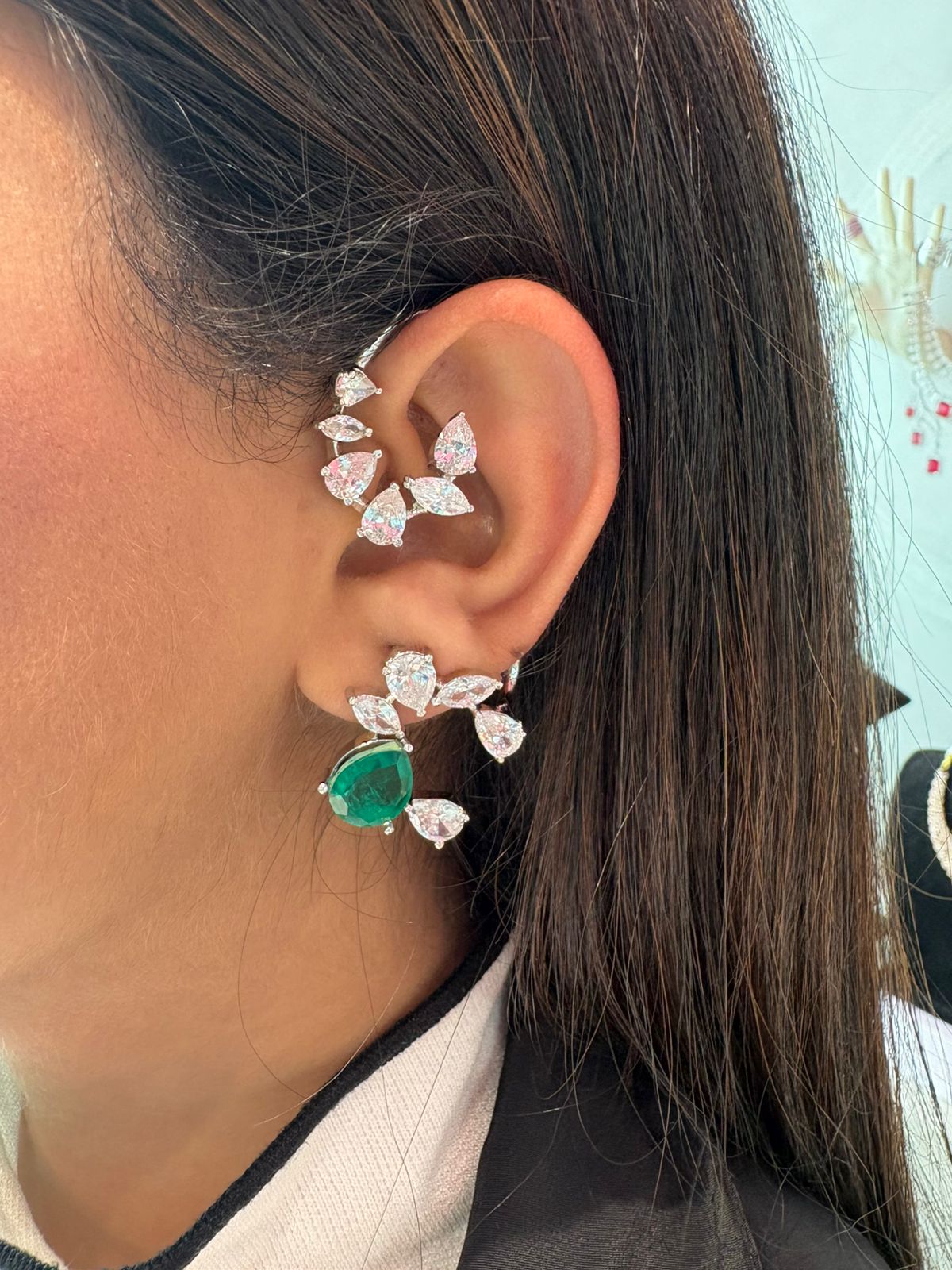 Emerald Cascade Diamond Climber / Earcuff