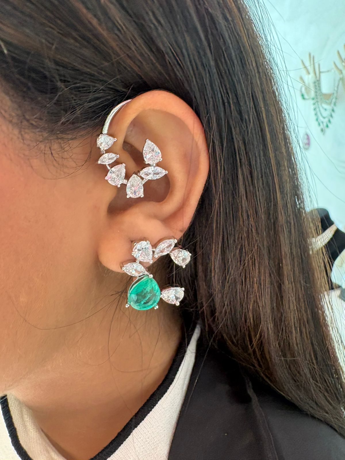 Emerald Cascade Diamond Climber / Earcuff