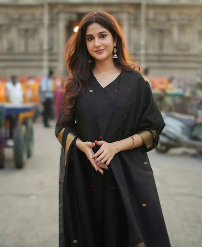 Elegant Black Kurta Set with Gold Border Dupatta