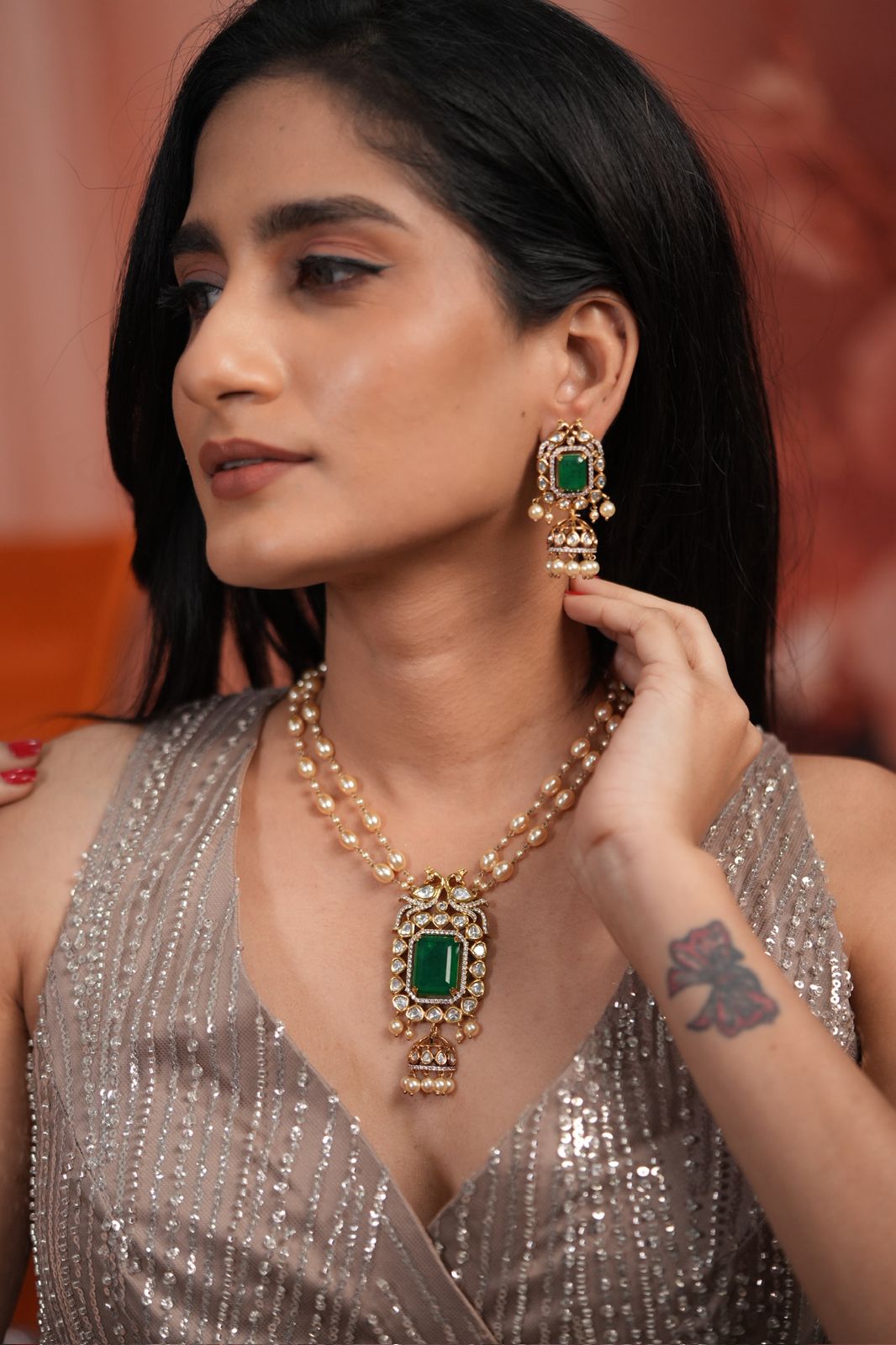 Laila Polki Moissanite Pearl Pendant Style Set with Jhumka