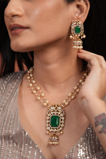 Laila Polki Moissanite Pearl Pendant Style Set with Jhumka