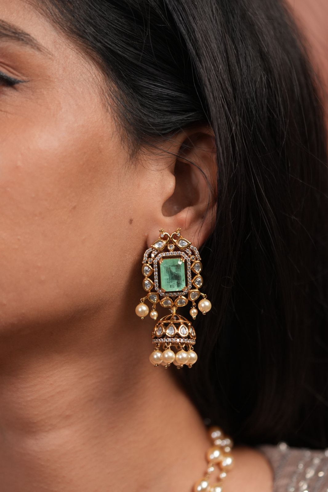 Laila Polki Moissanite Pearl Pendant Style Set with Jhumka