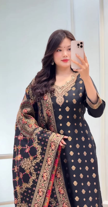 Black Silk Blend Embroidered Kurta Pant Set with Dupatta for Women