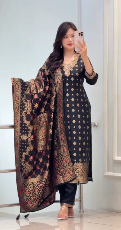 Black Silk Blend Embroidered Kurta Pant Set with Dupatta for Women