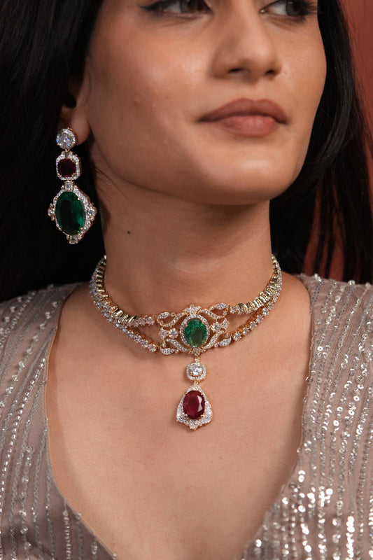 Glimmerati Ruby Fluorite Diamond Gold Choker Set