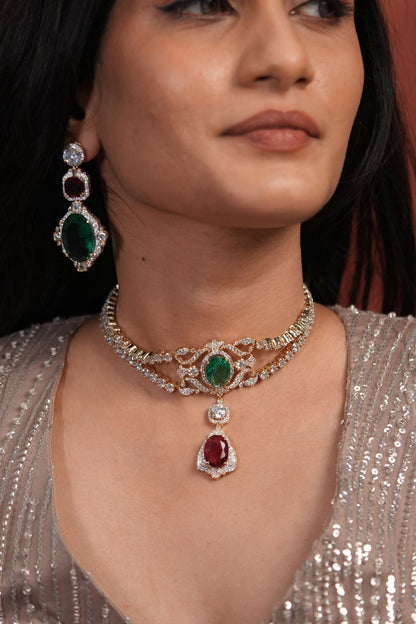 Glimmerati Ruby Fluorite Diamond Gold Choker Set