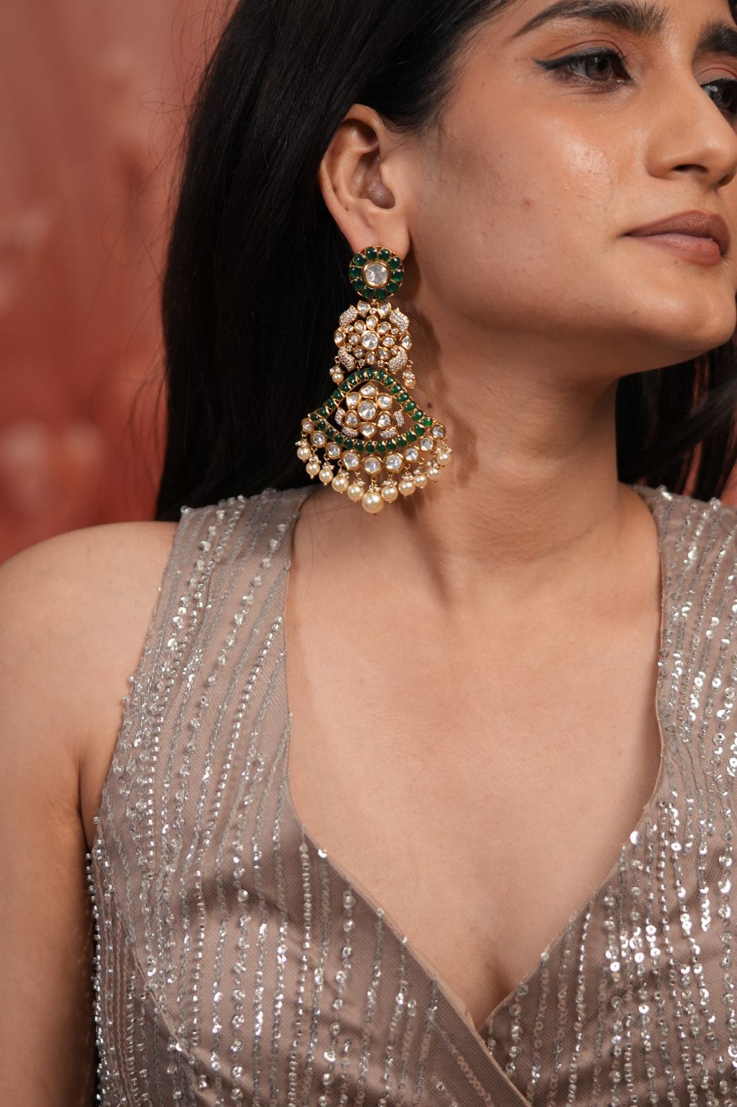 Brinali 3 Layered Polki Chandbali in Moissanites Meenakari Earrings