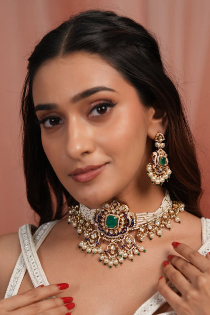 Bhairavi Pearl  Moissanite Polki Meenakari Choker Set
