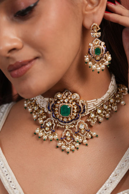 Bhairavi Pearl  Moissanite Polki Meenakari Choker Set
