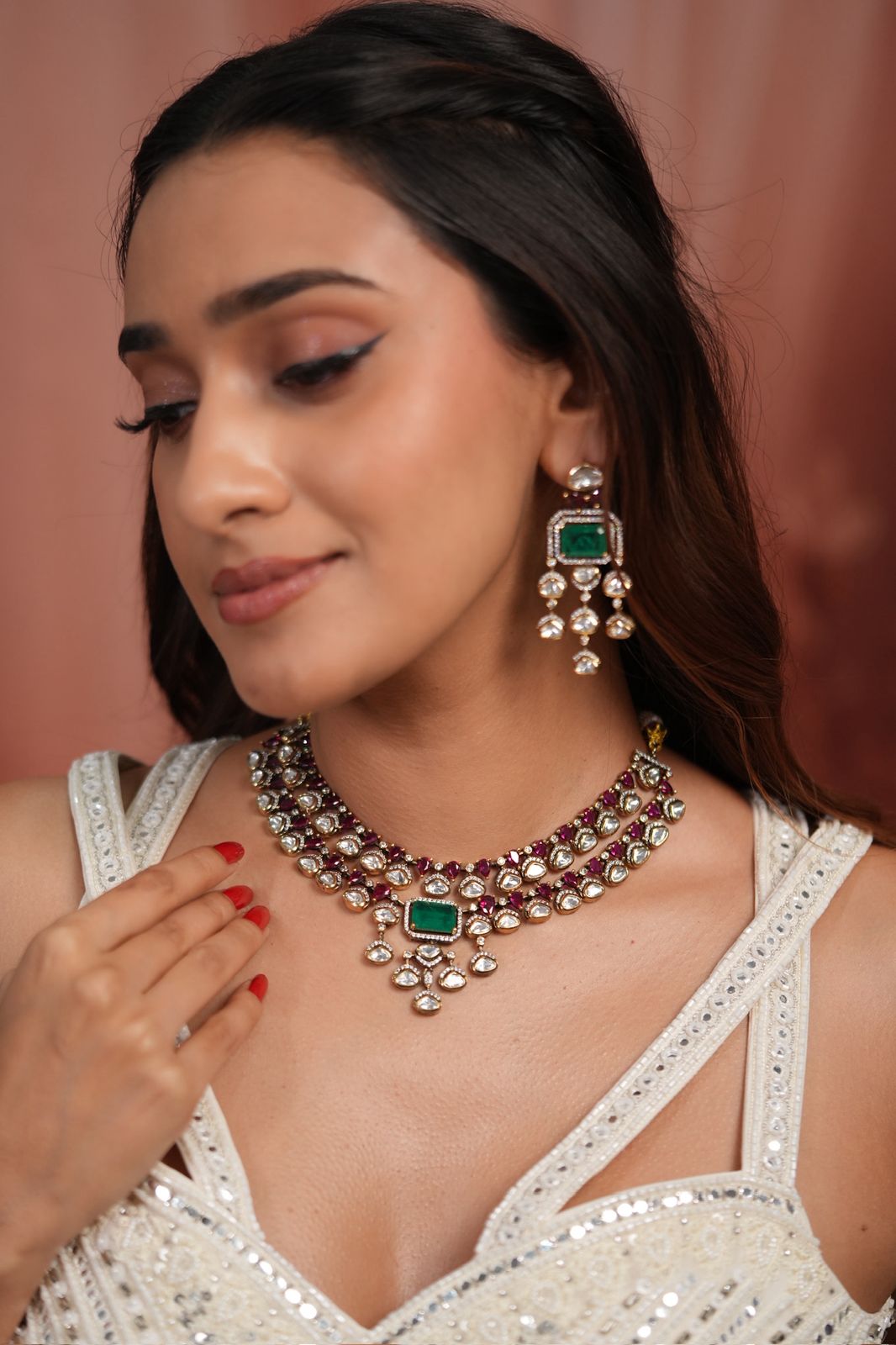Lalita 2 Line Moissanite Polki Set in Green & Red