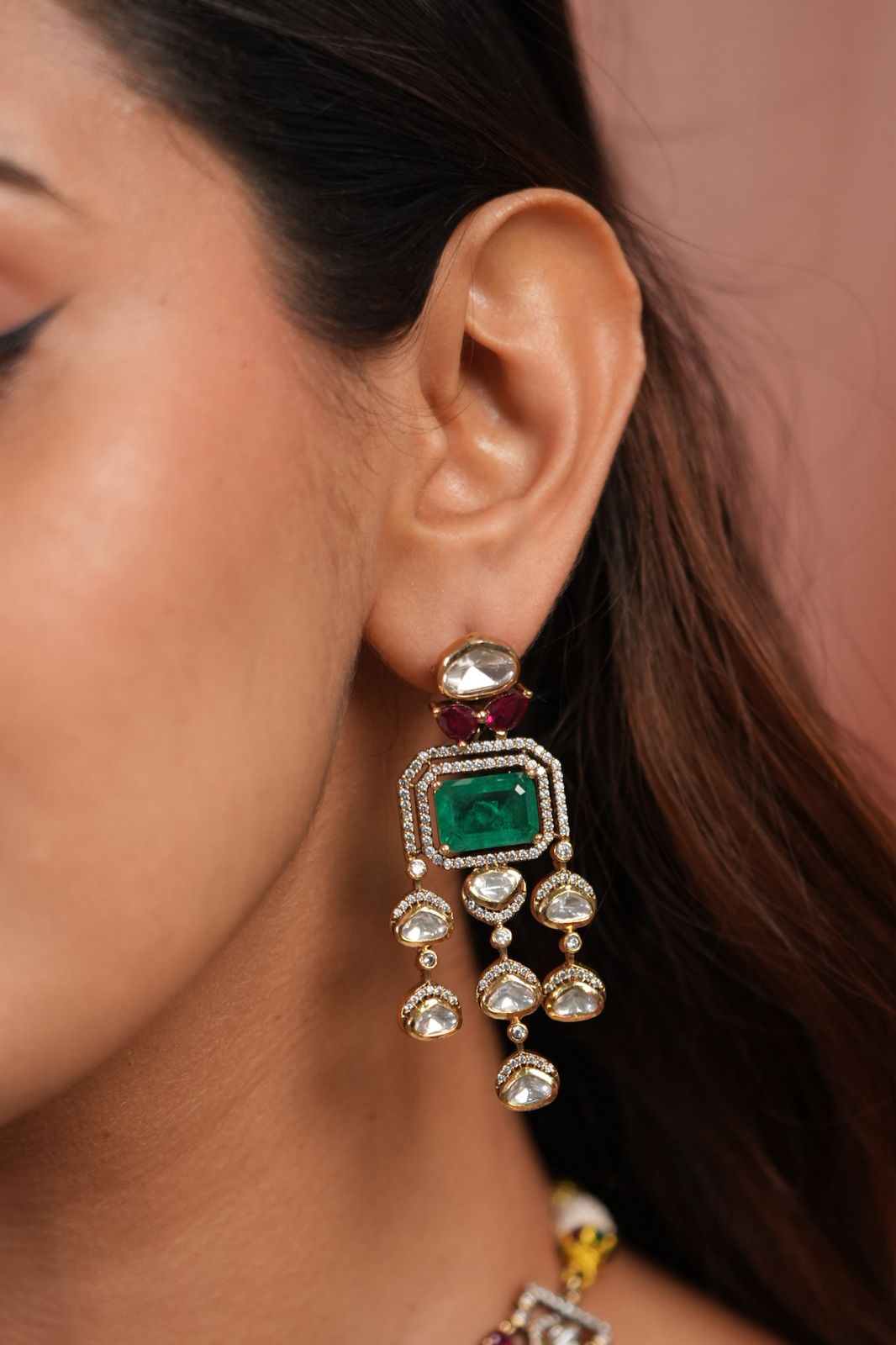 Lalita 2 Line Moissanite Polki Set in Green & Red