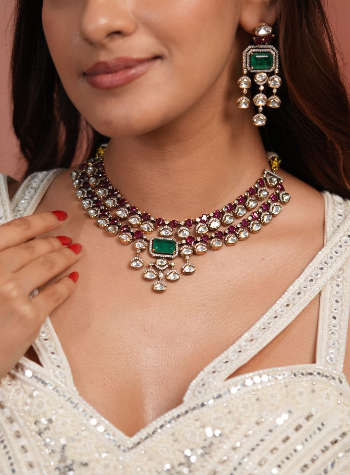Lalita 2 Line Moissanite Polki Set in Green & Red