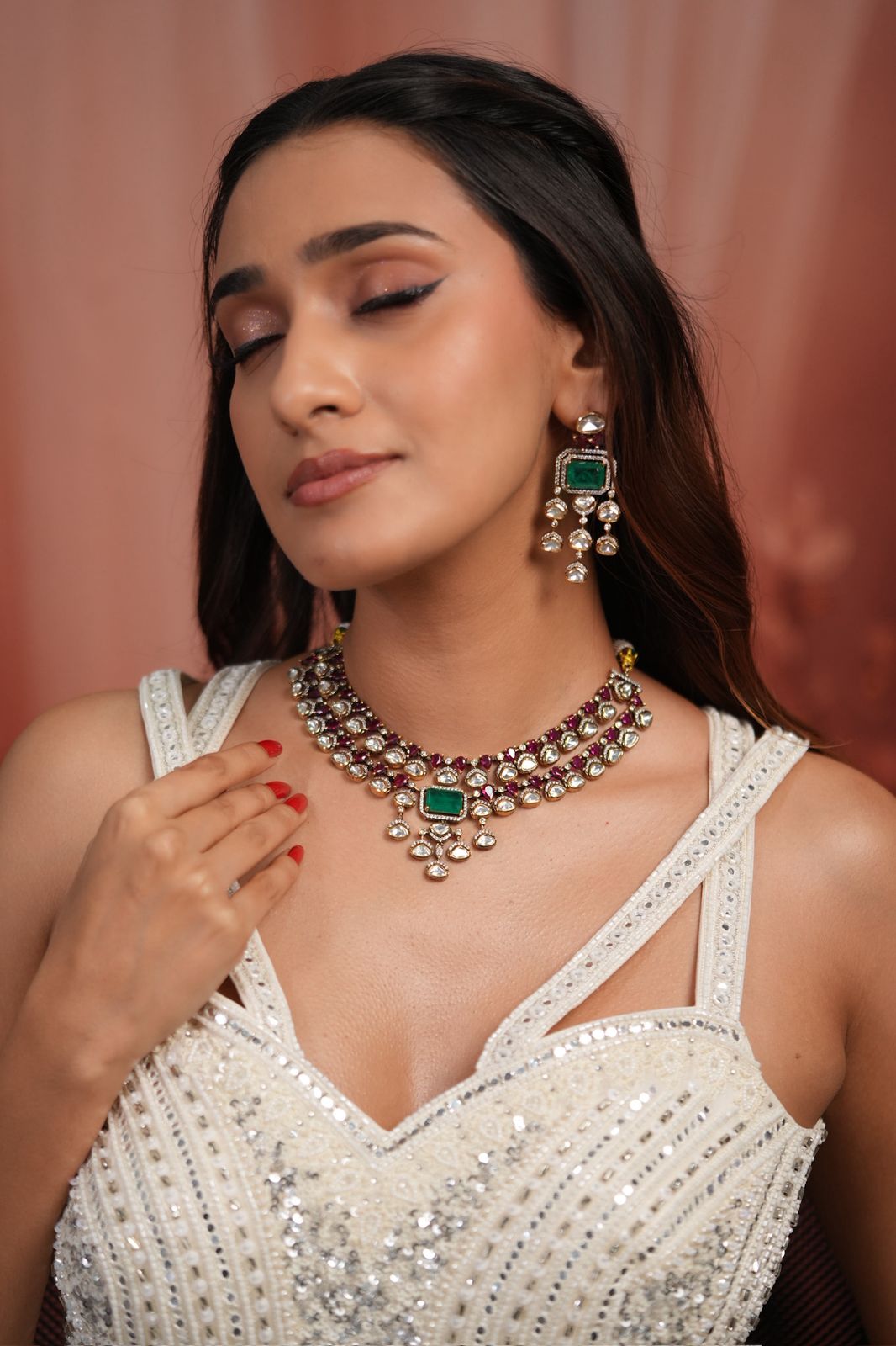 Lalita 2 Line Moissanite Polki Set in Green & Red