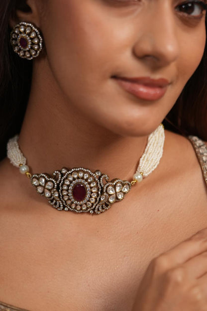 Siyora Victorian Ruby Choker Set with Studs | antique