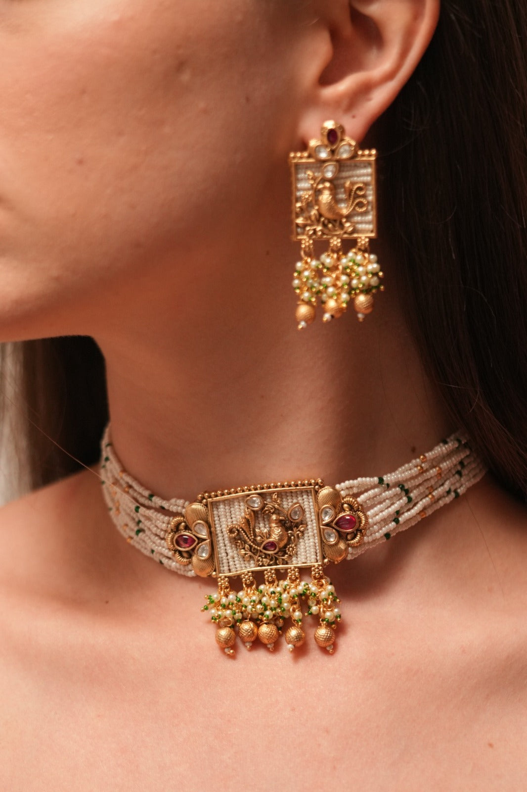 Mayurika Gold Choker with Mid-Sized Earrings | Sone pe Suhaga Collection
