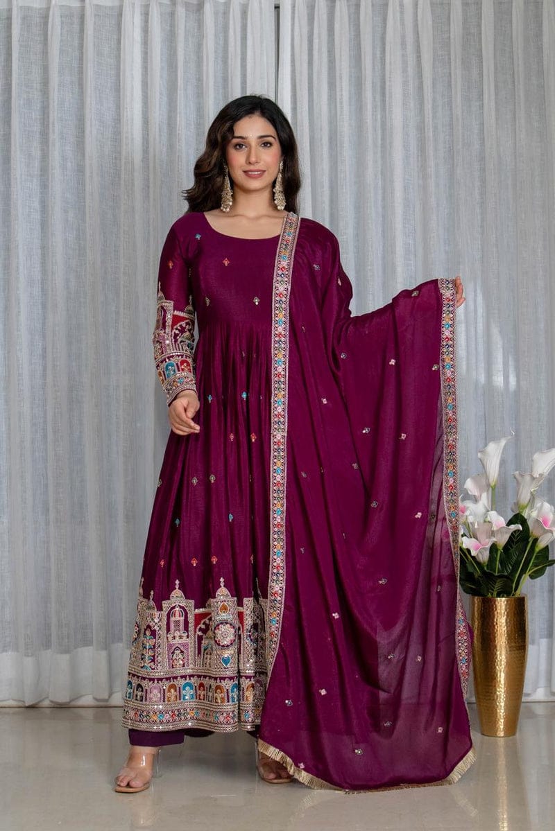 Wine Maroon Embroidered Anarkali Suit Set with Dupatta