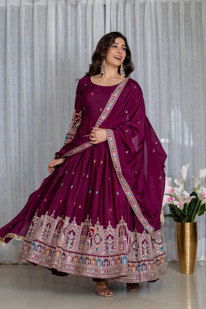 Wine Maroon Embroidered Anarkali Suit Set with Dupatta