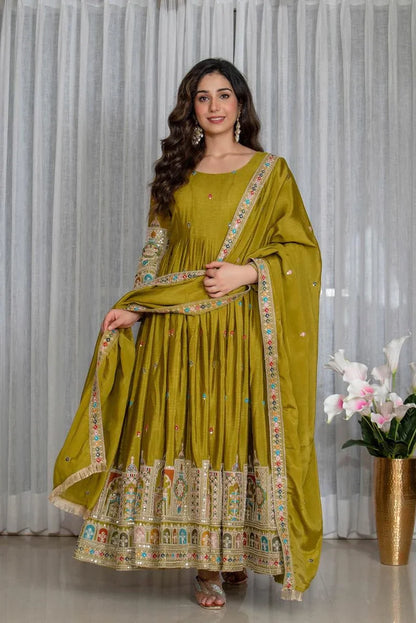 Olive Green Embroidered Anarkali Suit Set with Dupatta