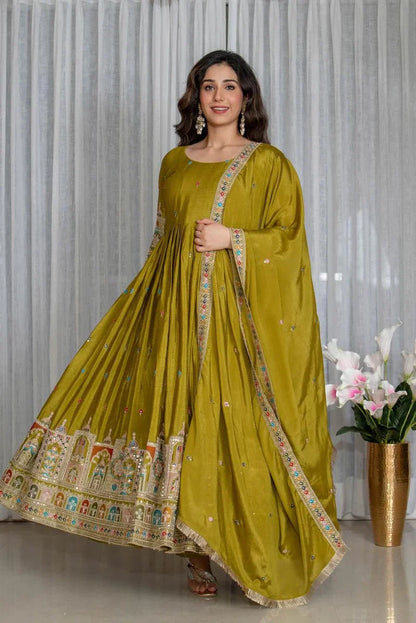 Olive Green Embroidered Anarkali Suit Set with Dupatta
