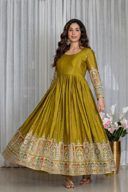 Olive Green Embroidered Anarkali Suit Set with Dupatta