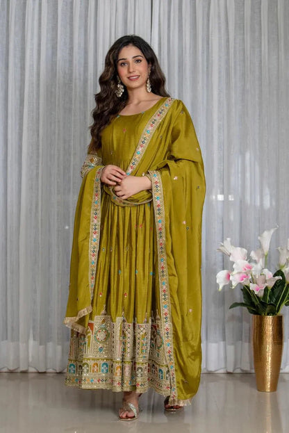 Olive Green Embroidered Anarkali Suit Set with Dupatta