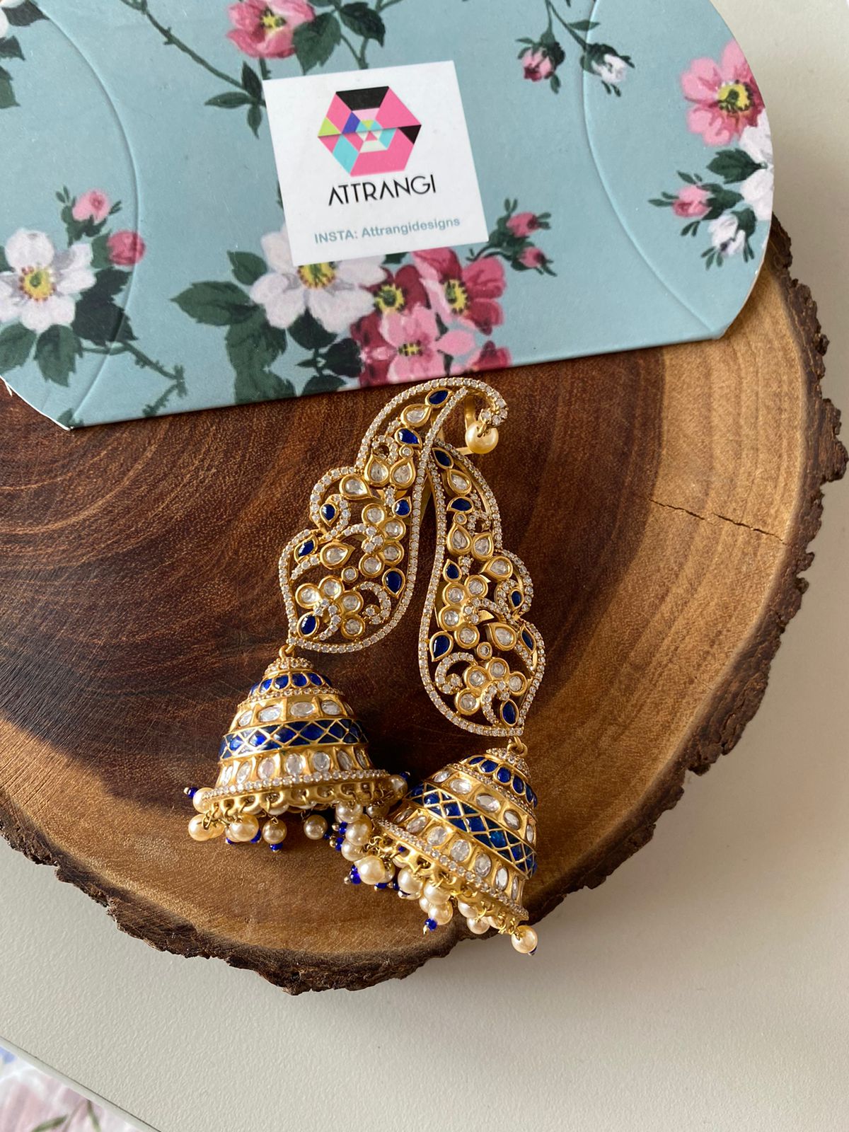 Palashi Polki Moissanite Designer Indian Earcuff  Jhumka
