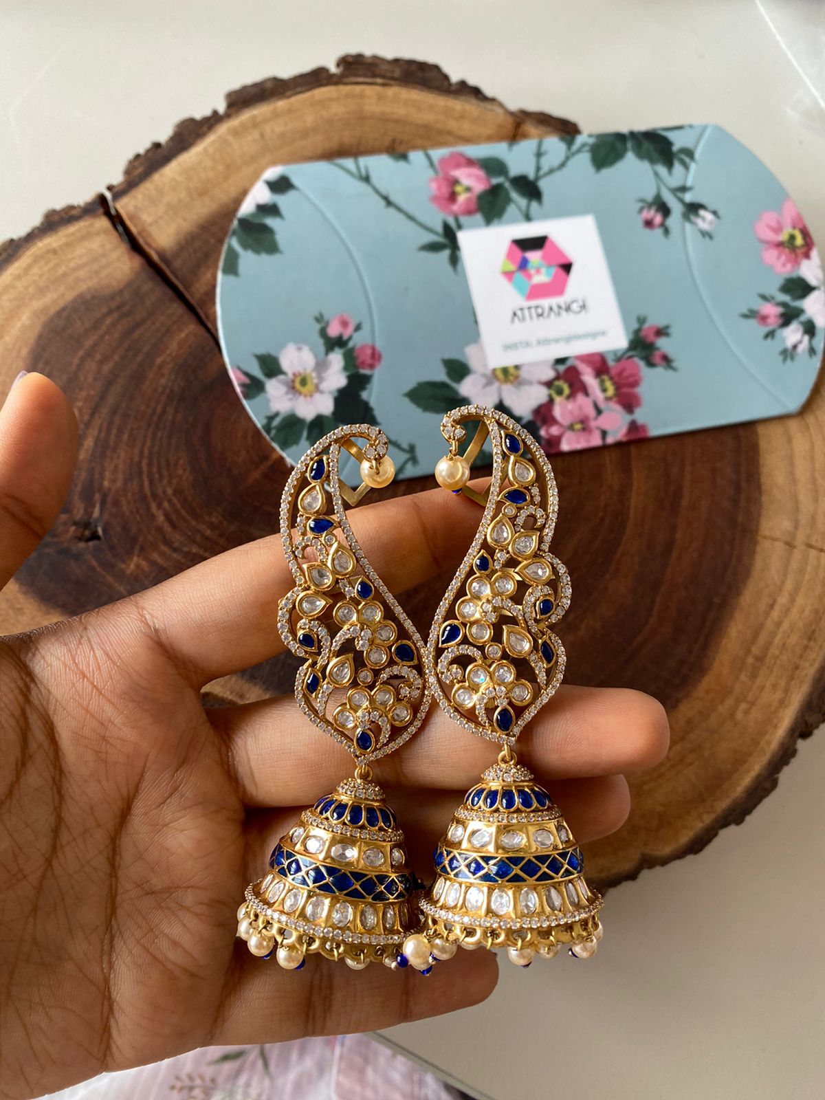 Palashi Polki Moissanite Designer Indian Earcuff  Jhumka