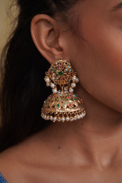 Zainab Oversized Very Big Indian Jadaau Navratna Jhumkas