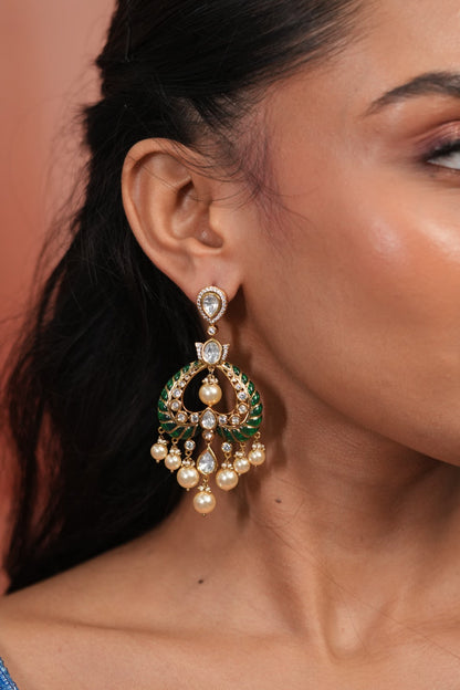 Dildooba Moissanite Polki Meenakari Chandbali Earrings