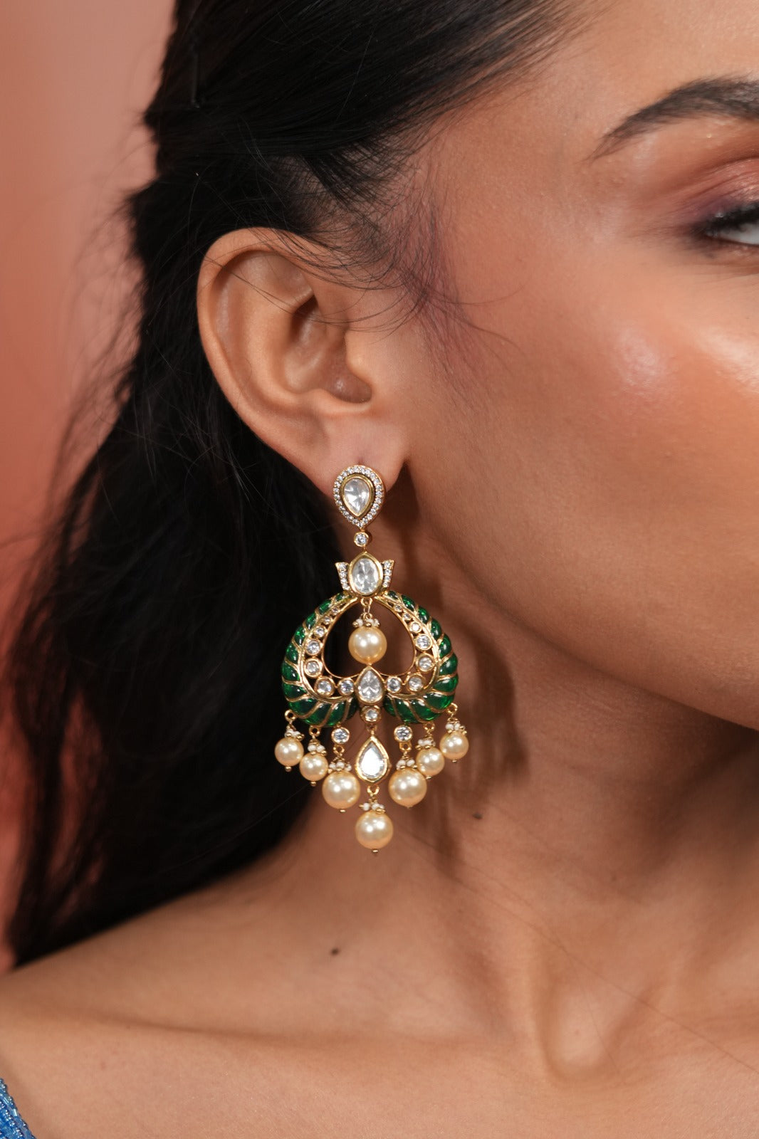 Dildooba Moissanite Polki Meenakari Chandbali Earrings