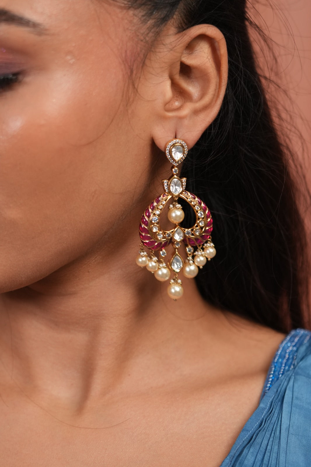 Dildooba Moissanite Polki Meenakari Chandbali Earrings