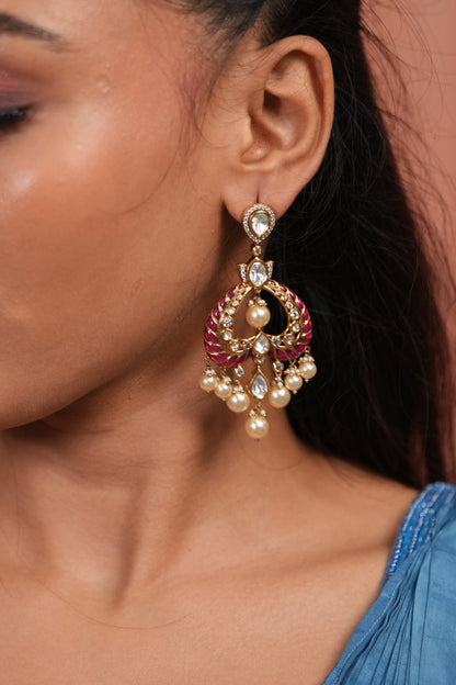 Dildooba Moissanite Polki Meenakari Chandbali Earrings