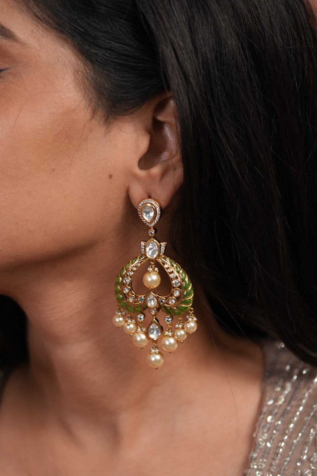 Dildooba Moissanite Polki Meenakari Chandbali Earrings