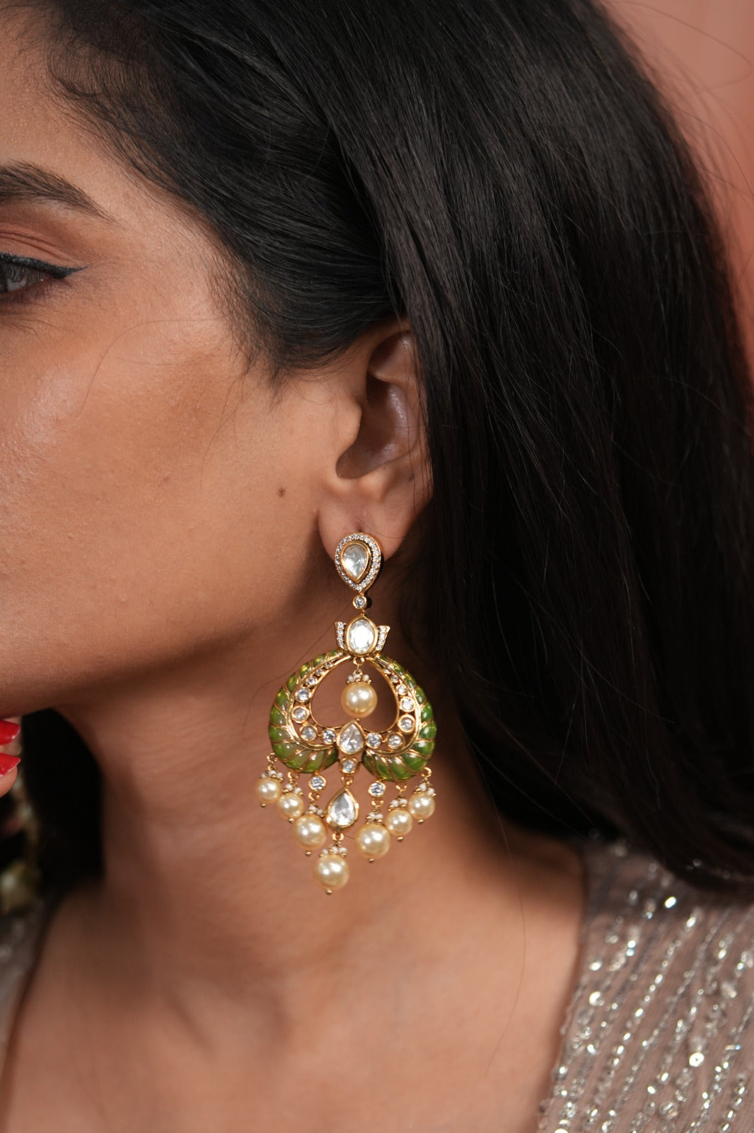 Dildooba Moissanite Polki Meenakari Chandbali Earrings