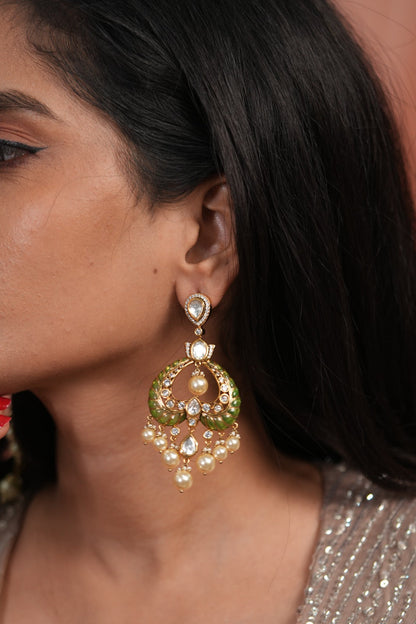 Dildooba Moissanite Polki Meenakari Chandbali Earrings